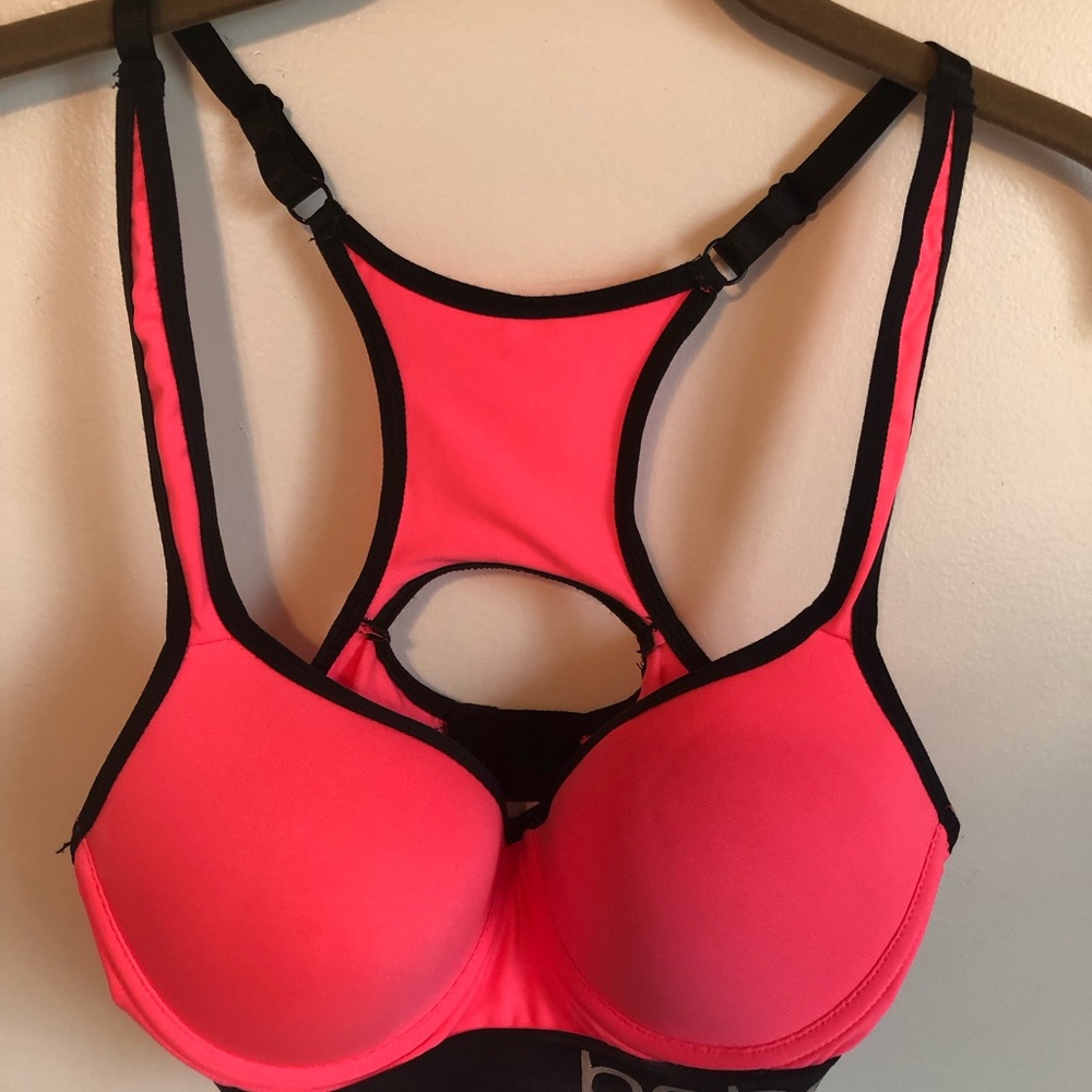 Bebe Coral/Pink and Black Racerback Sports Bra with Molded Cups. Sz S